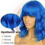 LANCAINI Short Bob Wigs with Bangs for Women Loose Wavy Wig Curly Wavy Shoulder Length Bob Synthetic Cosplay Wig for Girl Colorful Costume Wigs (Blue)