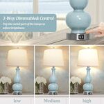 PARTPHONER Ceramic Table Lamps Set of 2, Blue Green Double Gourd Bedside Lamps with USB Charging Port, Touch Table Lamp with White Fabric Shade for Living Room Bedroom Home Office