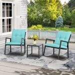 Shintenchi Outdoor 3 Piece Rocking Bistro Set, Wicker Patio Outdoor Furniture Porch Chairs Conversation Sets with Glass-Top Coffee Table for Backyard Porch Poolside Lawn, Garden,Blue