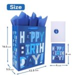 16.5” Extra Large Blue Gift Bags Set with Greeting Card and Tissue Papers (Blue Happy Birthday) for Men’s Birthday Party, Kids’ Parties, Baby Shower, or Baby Boy – 16.5”x5.5”x12.6”, 1 Pcs