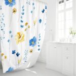 Gibelle Watercolor Floral Shower Curtain, Blue Yellow Flower Shower Curtain for Bathroom, Modern Minimalist Waterproof Fabric Shower Curtain Set with Hooks 72×72 Inch