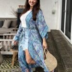 Badiya Maxi Kimono for Women 2024 Summer Collection Comfortable & Lightweight Ideal Swimsuit Cover Ups Matching Bag Fits S/M Purple/Blue