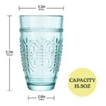 CREATIVELAND Colored Vintage Drinking Glasses Set of 4, 15.5 oz Romantic Embossed Water Glasses, Colored Tumblers Tempered Glass for Juice, Beverages, Beer, Cocktail (Blue)