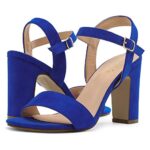 DREAM PAIRS Women’s Royal Blue Suede Open Toe Ankle Strap Buckle High Chunky Heel Sandals Size 7.5 US Gisela-1