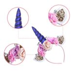 AHIER Unicorn Headband, Blue Glitter Horn Headband Cat Ear Head Bands Flowers Headwear Accessory for Unicorn Party Supplies