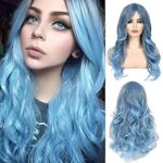 Beweig Blue Wig for Women Long Curly Wavy Pastel Blue Wig Side Part Synthetic Halloween Cosplay Wig with Wig Cap …