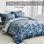 Blue Floral Comforter Set Queen Size 7 Piece Navy Botanical Gradient Leaves Ultra Soft Microfiber Down Alternative Bedding Set Lightweight Reversible Boho Bed Comforter Set for All Season 90″ x 90″