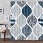 Blue and Grey Shower Curtain for Bathroom, Light Blue White Dark Gray Navy Bohemian Chic Geometric Pattern Fabric Shower Curtains Set, Modern Paisley Restroom Decor Accessories with Hooks 72X72Inches