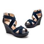 SANDALUP Navy Blue Wedge Sandals for Women Dressy Comfortable Ankle Strap Open Toe Wedding Shoes Size 8