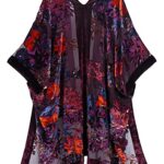 WeHello Women’s Burnout Velvet Kimono Long Cardigan Cover Up Without Tassel (Wine/Bord)…