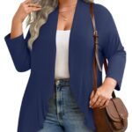 Anymiss Women’s 3/4 Sleeve Plus Size Cardigan Lightweight Kimono Open Front Ruffle Hem Navy Blue 3XL