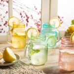 Glaver’s Mason Jar Drinking Glasses Set Of 4, 15 oz. Colored Mugs With Embossed Ice-Cold Drinkware Logo, Glass Mason Jar Mug With Handle. For Smoothies, Cocktails, Beverages. Hand Wash