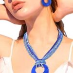 Coiris Multi Strand Statement Colorful Beaded Necklace Earrings Set with Big Circle Shell Pendant for Women (N0055-Royalblue)