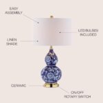 JONATHAN Y JYL3003A Lee 27″ Ceramic Chinoiserie LED Table Lamp Traditional Bedside Desk Nightstand Lamp for Bedroom Living Room Office College Bookcase LED Bulb Included, Blue/White