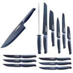 Blue Diamond Sharp Stone Nonstick Stainless Steel Cutlery, 14 Piece Wood Knife Block Set with Chef Steak Knives and more, Diamond Texture Blade, Dishwasher Safe Knives, Blue