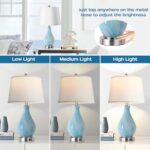 Modern Accent Table Lamp Set of 2 Touch Control, 22″ Faded Swirl Blue Gray Art Glass Bedside Lamp with USB Ports, 3-Way Dimmable Hand Crafted Nightstand Lamps White Drum Shade for Living Room Bedroom