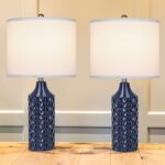 Qingmiao Modern Ceramic Table Lamp, Set of 2 – Navy Blue with Diamond Protrusions Texture, 25” Nightstand Lamp for Bedroom Living Room, 3-Way Dimmable Included