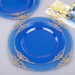 Nervure 350PCS Blue Plastic Plates – Blue Plastic Dinnerware Sets for 50 Guests – 100 Blue Disposable Plates, 150 Gold Plastic Silverware, 50 Cups, 50 Napkins for Wedding & Party