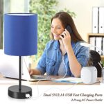 Table Lamps Set of 2 with USB Charging Ports, Blue Bedside Lamps with AC Outlet, Nightstand Lamps with Pull Chain Switch, Minimalist Modern Desk Lamps with Fabric Shade for Living Room Bedroom Office