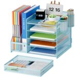 Marbrasse Desk Organizer with File Holder, 5-Tier Paper Letter Tray Organizer with Drawer and 2 Pen Holder, Mesh Desktop Organizer and Storage with Magazine Holder for Office Supplies(Blue)