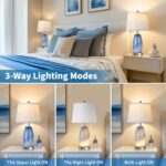 Table Lamps Set of 2, 3-Way Lighting Modes Modern Table Lamps for Bedroom, Blue Bedside Lamps with USB C+A, Glass Nightstand Lamps, 23.5″ Table Lamps for Living Room Bedroom Decoration