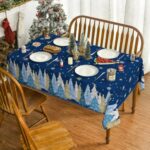 Horaldaily Christmas Tablecloth 60×84 Inch Rectangular, Christmas Trees Blue Grey Washable Seasonal Table Cover for Party Picnic Dinner Decor