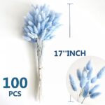 120 PCS Blue Dried Pampas Grass Decor, 17-inch Pompas Floral, Dry Flowers for Decoration, Pampas Grass in Bulk Tall, Blue Bunny Tails Dried Flowers for Boho Wedding Decor