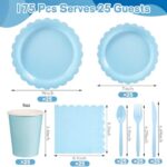 Xiangqu 175 Pcs Light Blue Paper Plates and Napkins, Easter Plates Blue Party Supplies Include Light Blue Scalloped Plates Napkins Cups Plastic Spoons Forks Knives for Baby Shower, Wedding, Birthday