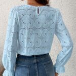 CUPSHE Women Eyelet Long Sleeve Tops Shirts Dressy Hollow Out Crochet Lace Embroidered Blouses 2025 Fashion Top Blue L