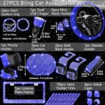 NBTEPEM 27 PCs Blue Bling Car Accessories Set for Women, Bling Steering Wheel Covers Universal Fit 15 Inch, Bling License Plate Frame, Bling Phone Holder, Bling Car Coasters (Blue Diamond)